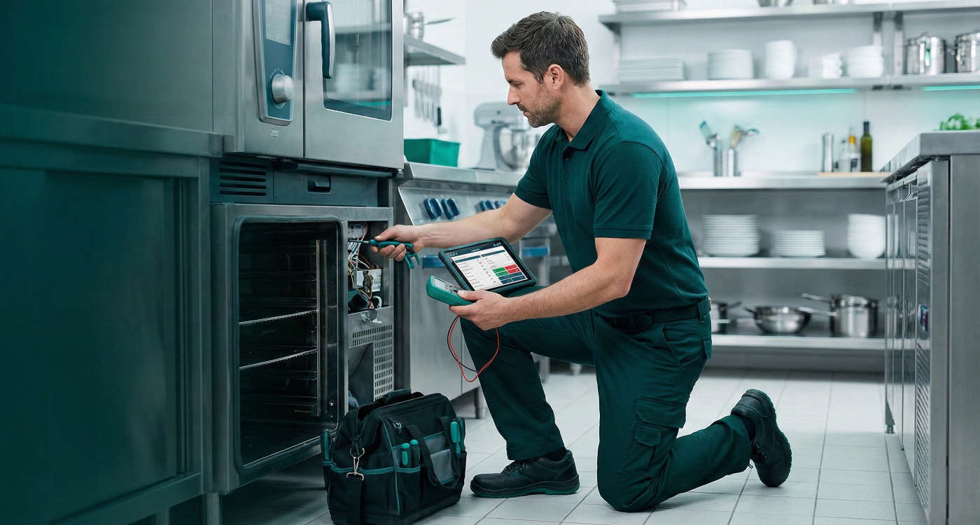 Profesionálny gastro opravár v priemyselnej kuchyni.